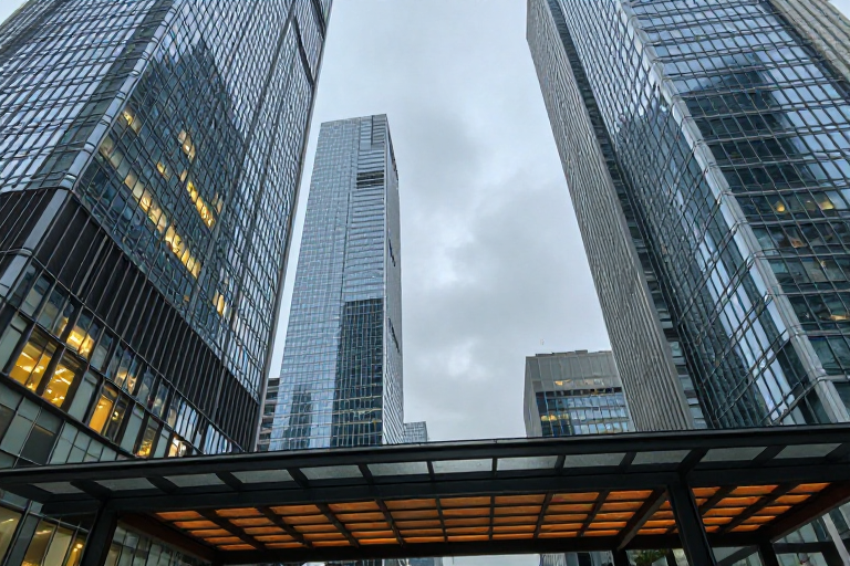 现代都市金融科技玻璃幕墙冷调光影