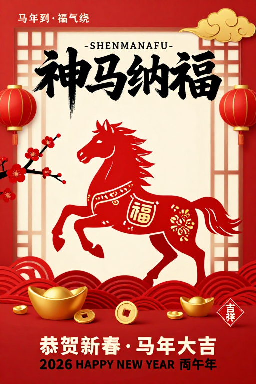传统剪纸骏马福字红色春节海报
