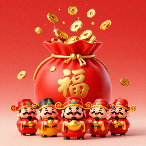 新春喜庆卡通财神与福袋金币图