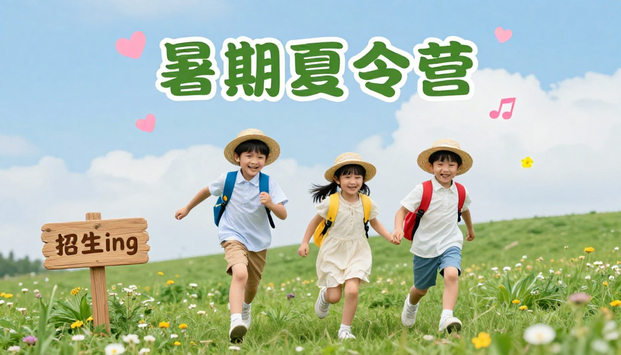 夏日童趣:三个孩子快乐奔跑的暑期夏令营清新广告