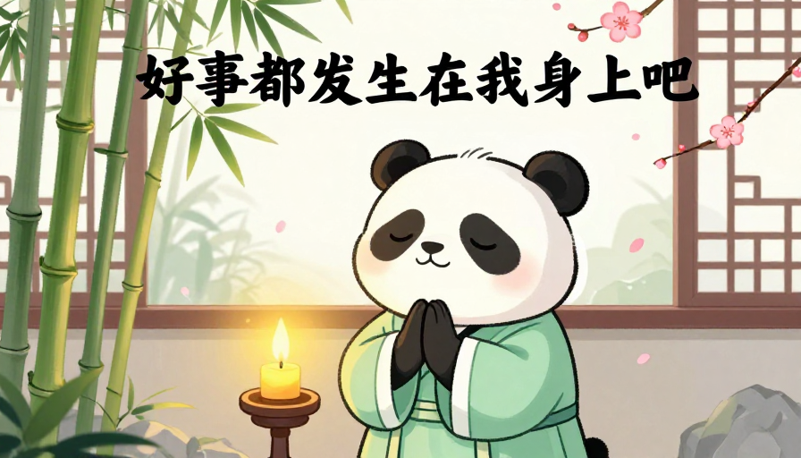 古风熊猫闭眼祈愿，桃花竹影伴好事降临