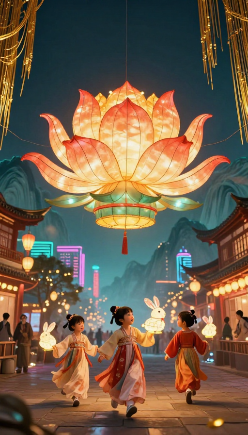 国潮元宵夜宴:汉服童趣与霓虹城市交融盛景