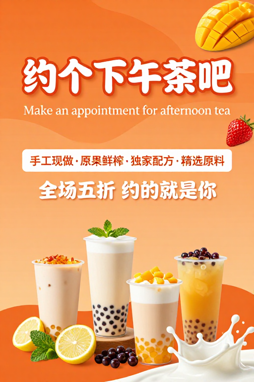 橙调午后:手工鲜榨奶茶五折邀约
