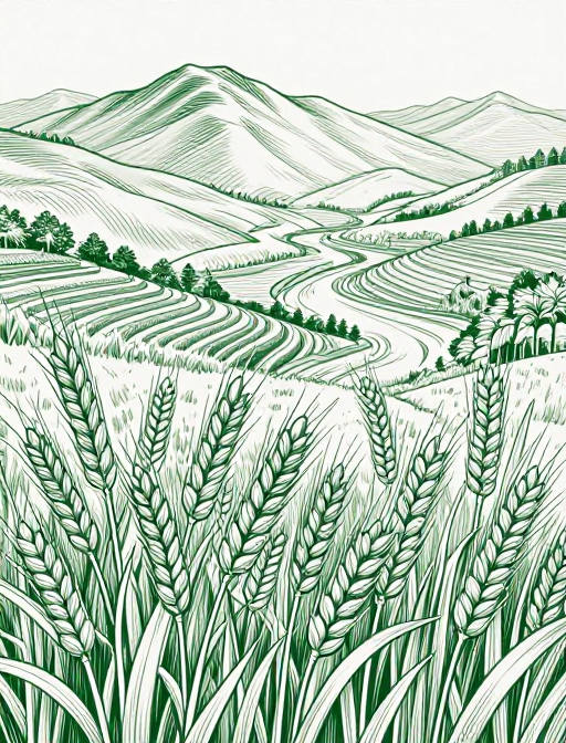 雕刻风线描：复古麦田山水艺术