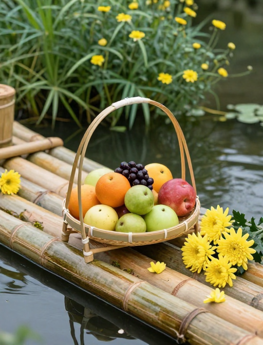 夏日竹排水果篮与菊花水景自然风光摄影