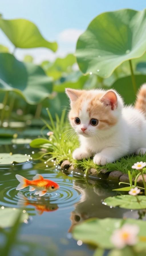 萌趣小猫与池塘小鱼：治愈系夏日午后