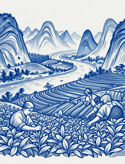 靛蓝线描茶山采茶：雕刻风插画中的山水意境
