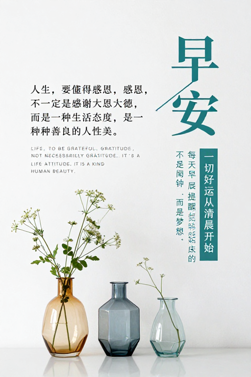 莫兰迪色极简晨间海报：早安·感恩生活态度