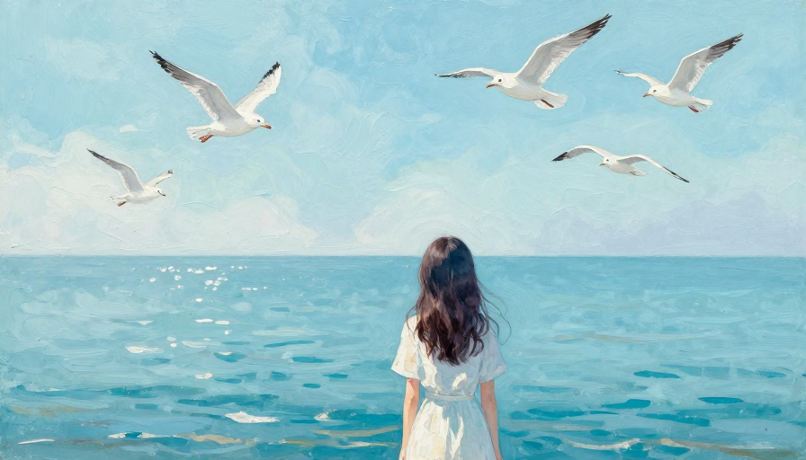 青蓝梦境:超现实海边的少女背影