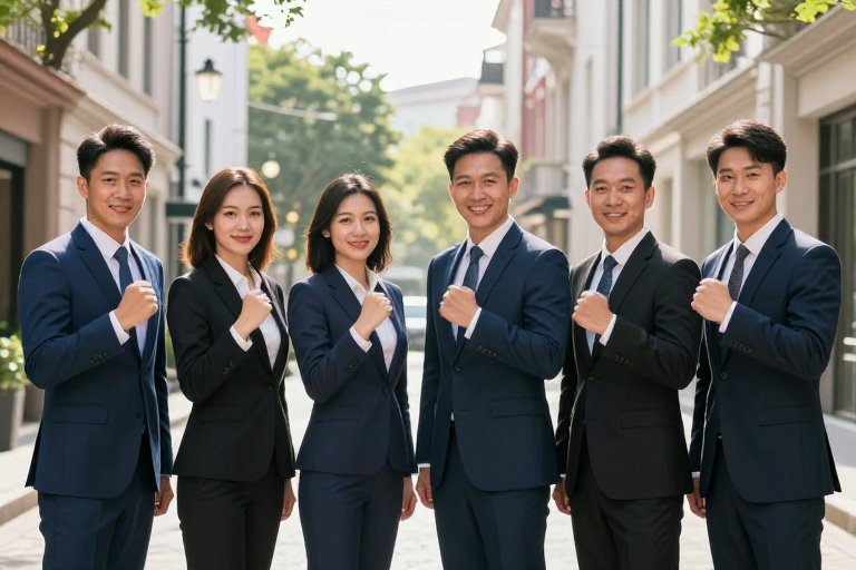 六位商务精英携手共进，城市街景中的团结力量
