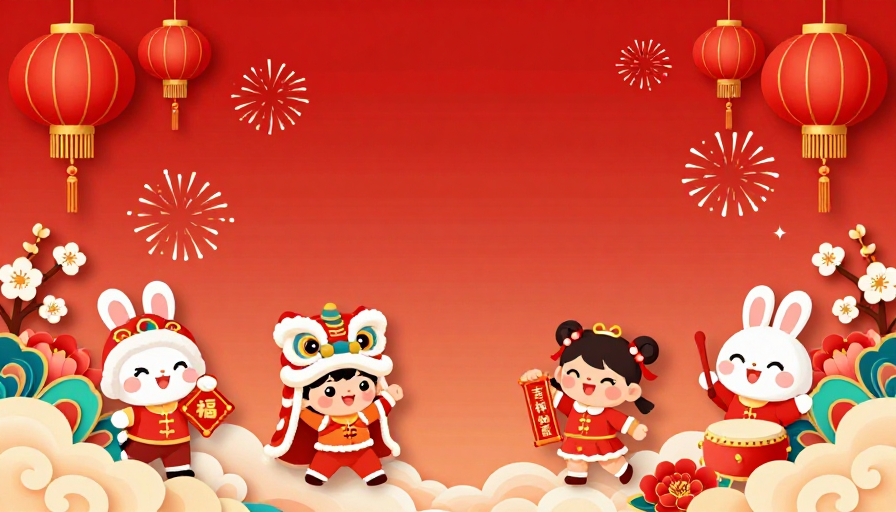 喜庆中国风新年插画背景,融合传统与现代童趣