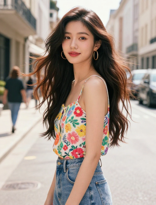 法式街头治愈美照:长发少女与明亮色彩的邂逅