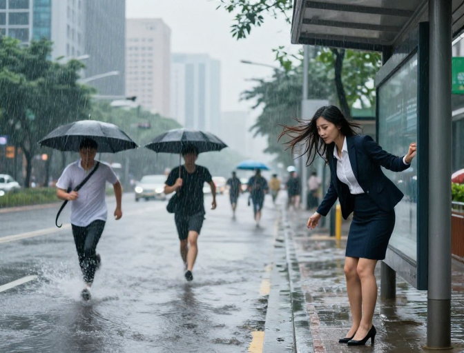 深圳夏日骤雨：街头疾行与公交避险瞬间