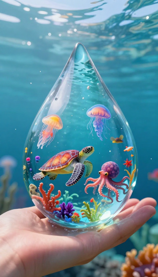 手掌托举微缩海洋：五彩水滴中灵动游弋的海洋生物