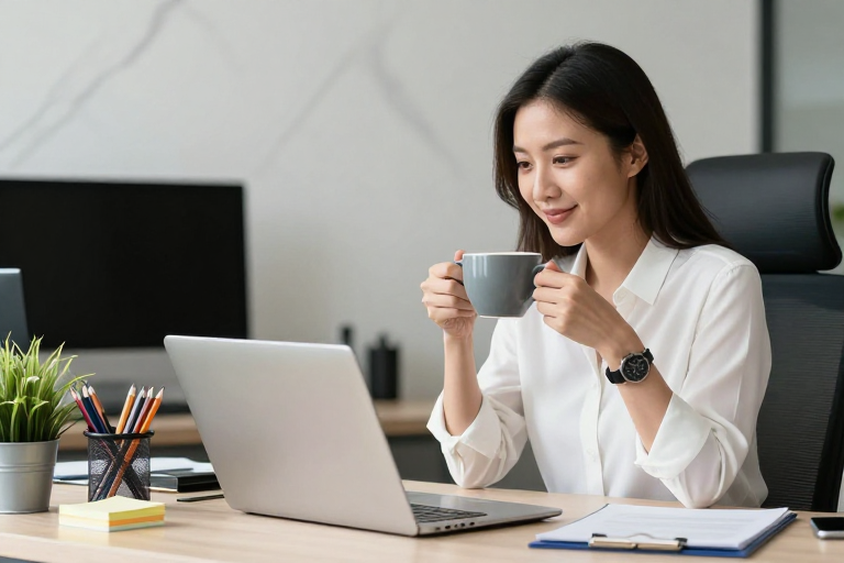 现代职场女性微笑专注办公场景