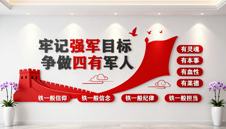 现代党政文化墙:强军目标与四有军人精神展示