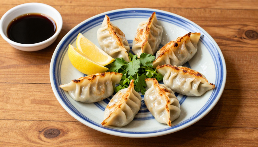 金黄煎饺青花盛,清新佐料引食欲