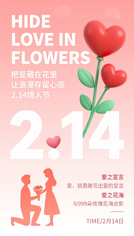 2.14情人节浪漫海报:爱与花的温柔宣言