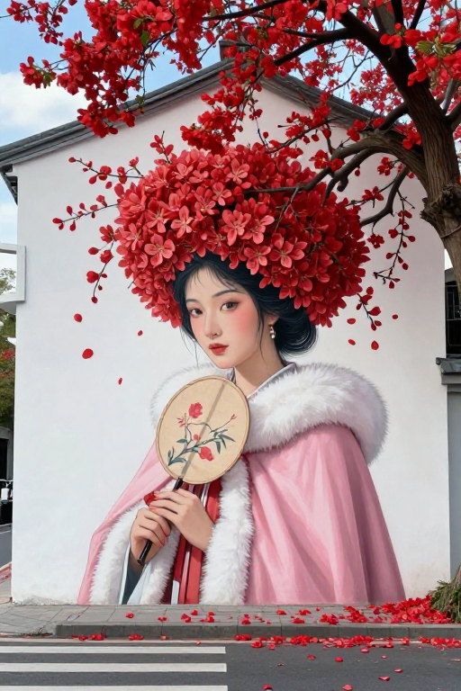 繁花冠顶的唐朝美女街头壁绘