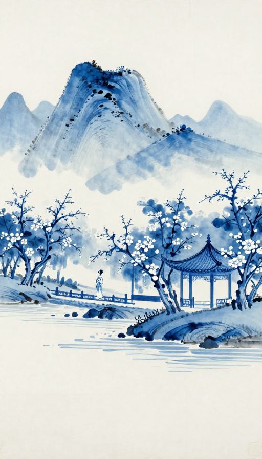 青花瓷风江南春色长卷,宋代水墨韵味