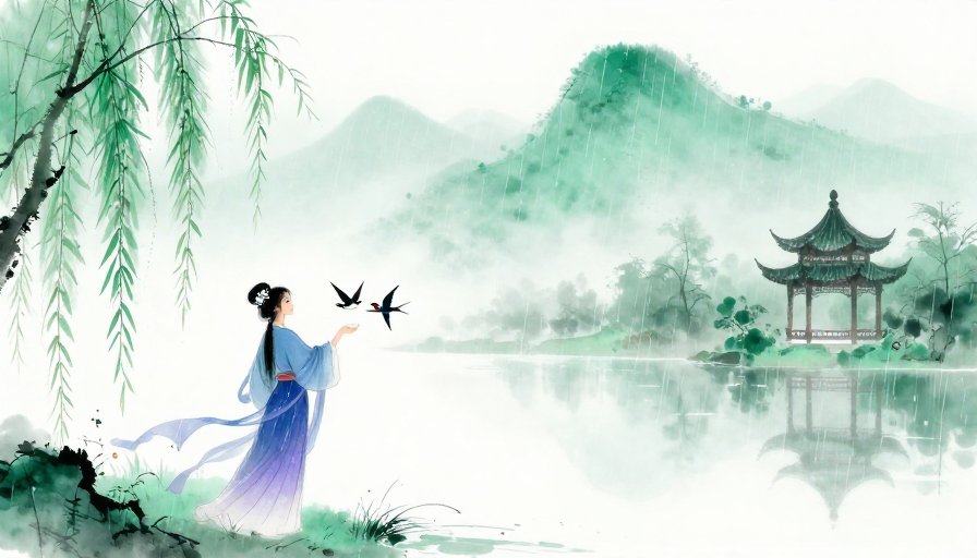 青绿雨雾古韵:水墨意境与诗意留白(古风插画)
