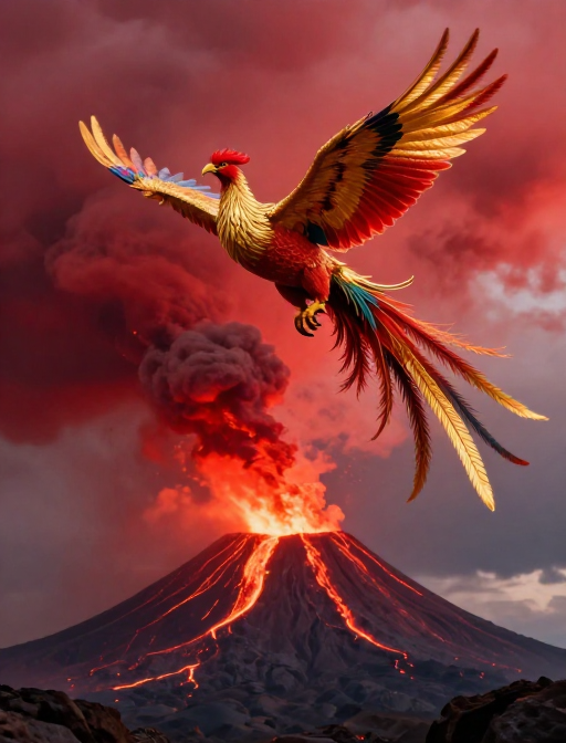 炽热火山中神鸟展翅:奇幻神话凤凰破云而生
