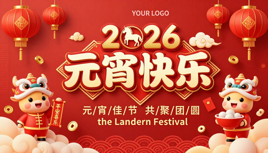 2026元宵佳节:中国风喜庆红色立体海报