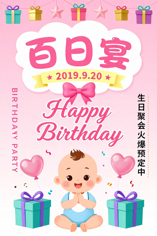 粉红童趣百日宴：温馨可爱婴儿庆祝邀请
