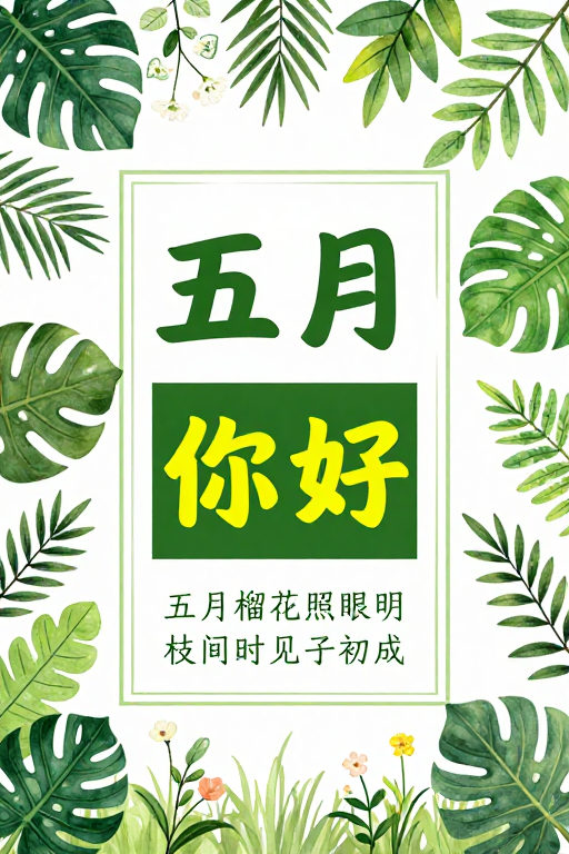清新五月手绘海报：绿意生机与你好问候