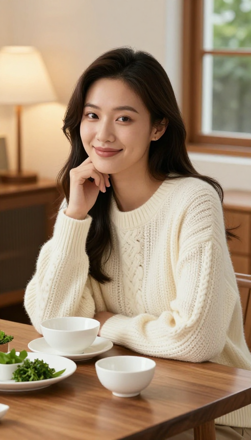 温馨居家生活：亚洲女性的自然微笑与舒适氛围