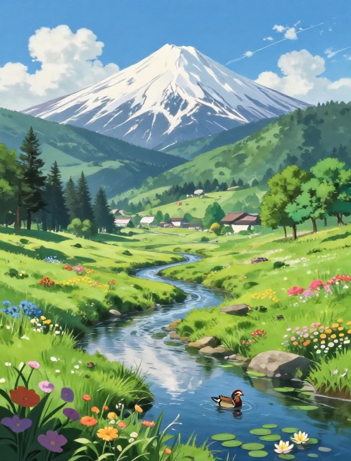 梦幻雪山与翠绿山谷的动漫自然画卷