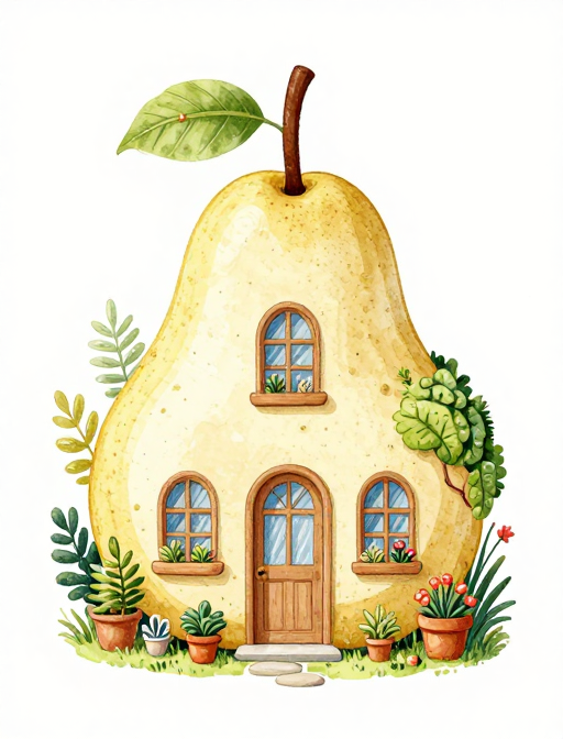手绘精致雪梨屋与绿植花卉的温馨家园