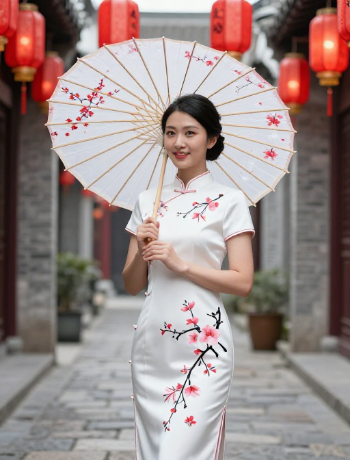 古风旗袍美人在樱花巷，红灯笼下的东方韵味