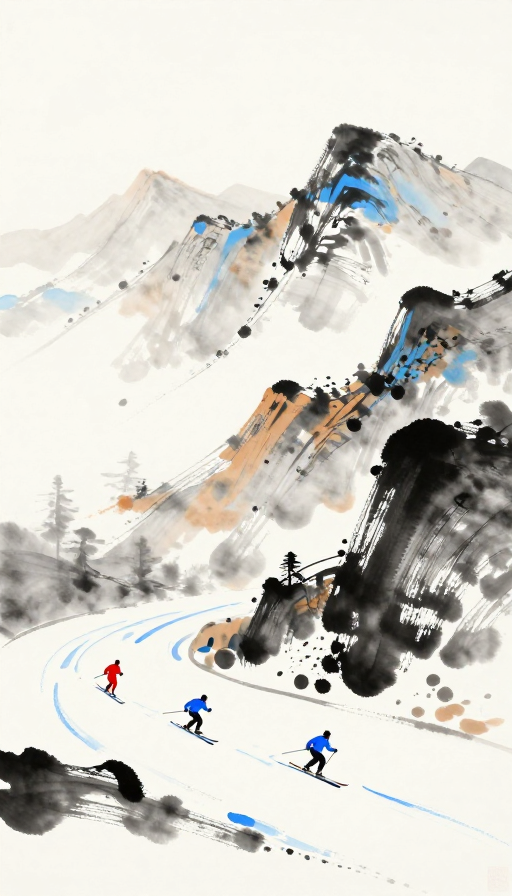 水墨雪山滑雪：东方意境与现代活力的碰撞