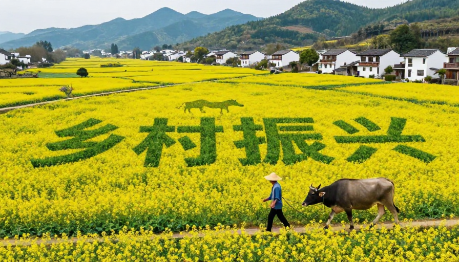 金黄花海中‘乡村振兴’标语与田园牧歌风光