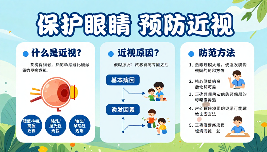 蓝绿清新护眼海报：保护眼睛预防近视