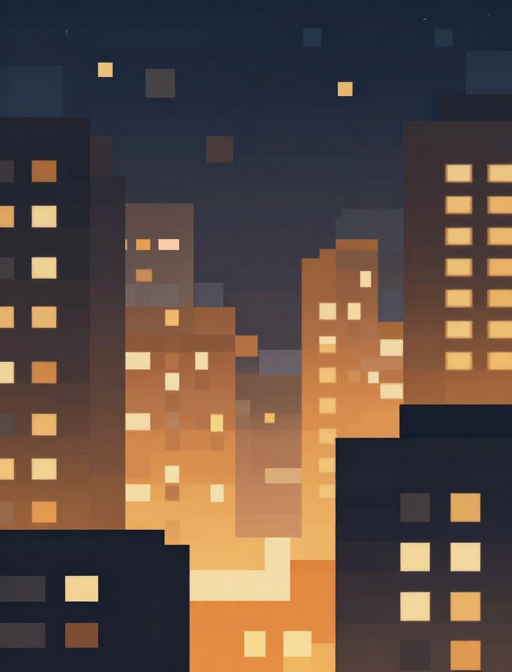 暖调像素城市夜景:柔和光影下的中心构图