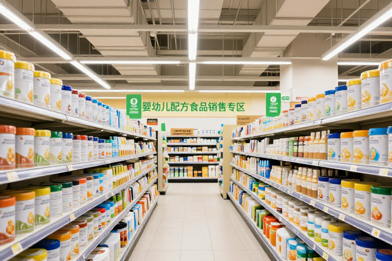 超市婴幼儿食品专区实景暖光展示