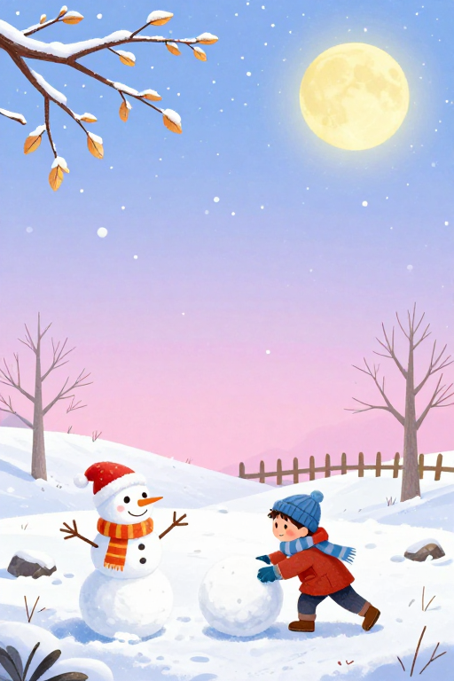 冬日雪景童话插图：雪人月夜温馨插画