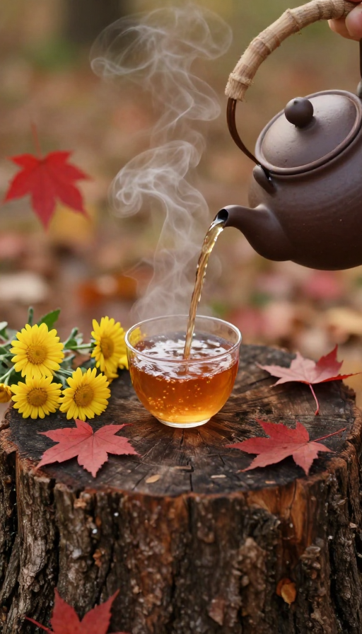 秋日茶韵：琥珀茶汤与红叶交织的富士胶片摄影