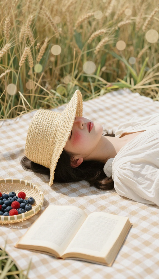 油画质感少女野餐:麦浪光影中的文艺时光