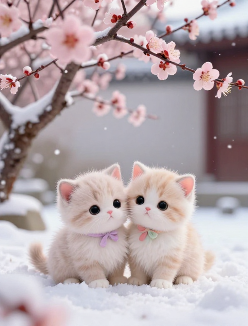 雪院萌猫:梅花树下双宝依偎的梦幻瞬间