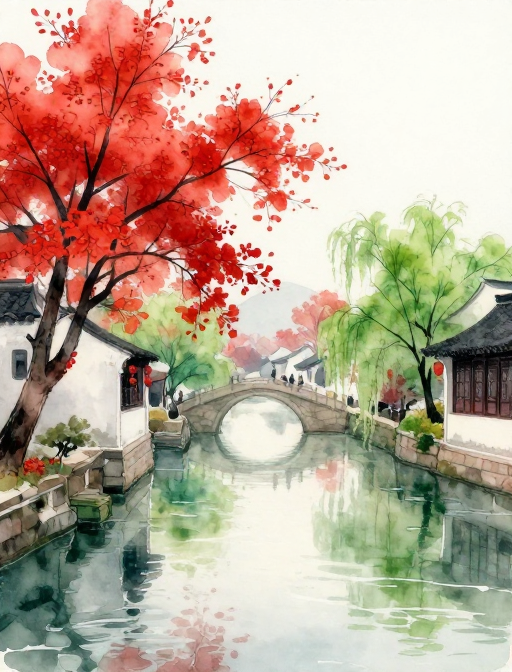 江南日出花红胜火,水彩描绘水乡春色