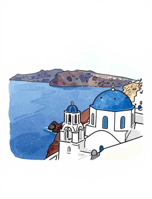 治愈系夏日海边水彩插画,低饱和色彩与大师构图