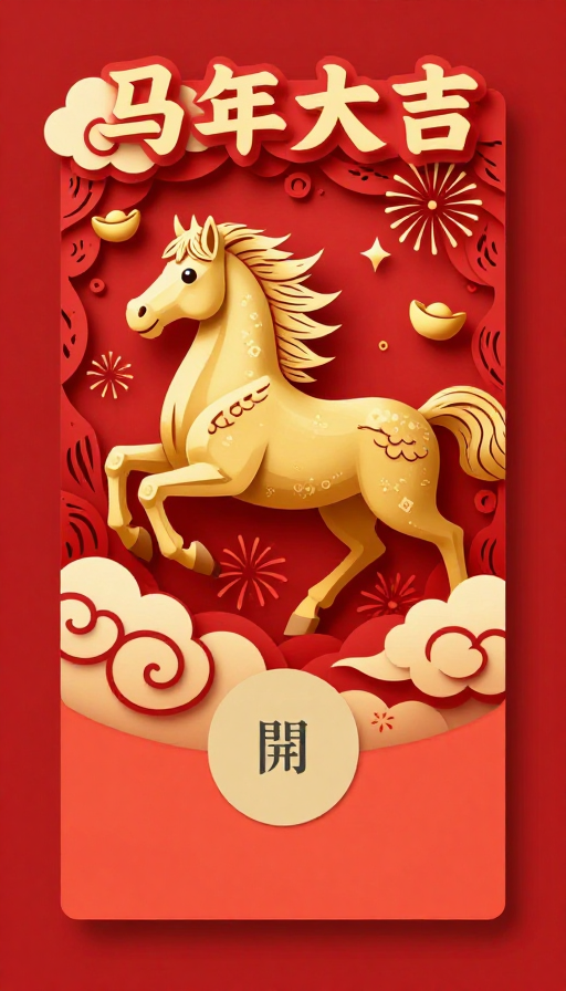 金骏奔腾红福图 中国剪纸风马年春节封面设计