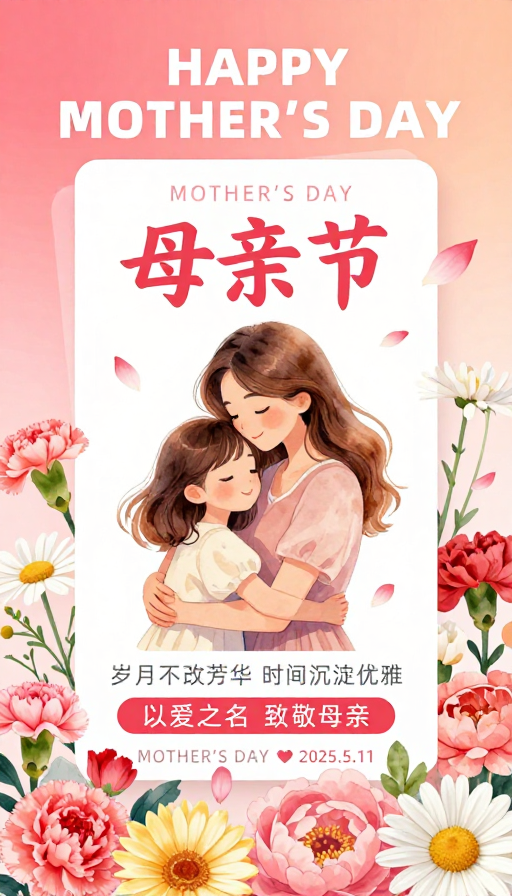 母亲节温馨插画海报 粉橙治愈风