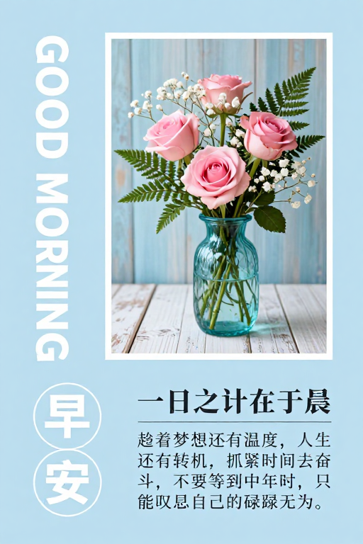 清新雅致早安问候海报：粉青蓝调生活美学