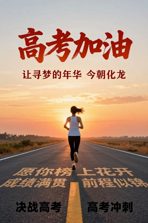 暖色日出奔跑少女：高考励志书法海报