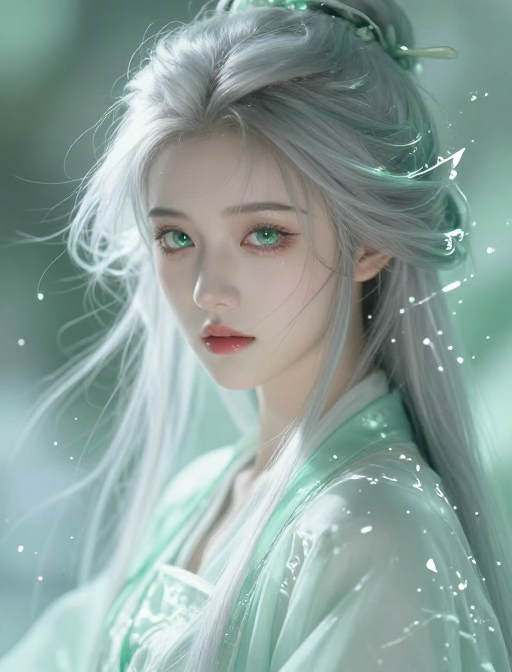 薄荷绿意古风少女特写，仙气与忧伤交织