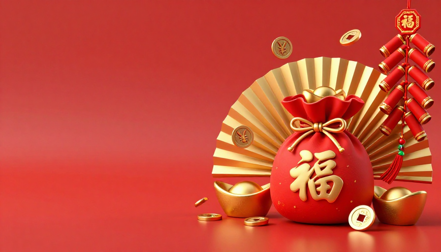 春节喜庆福袋：金色元宝点缀的3D渲染海报